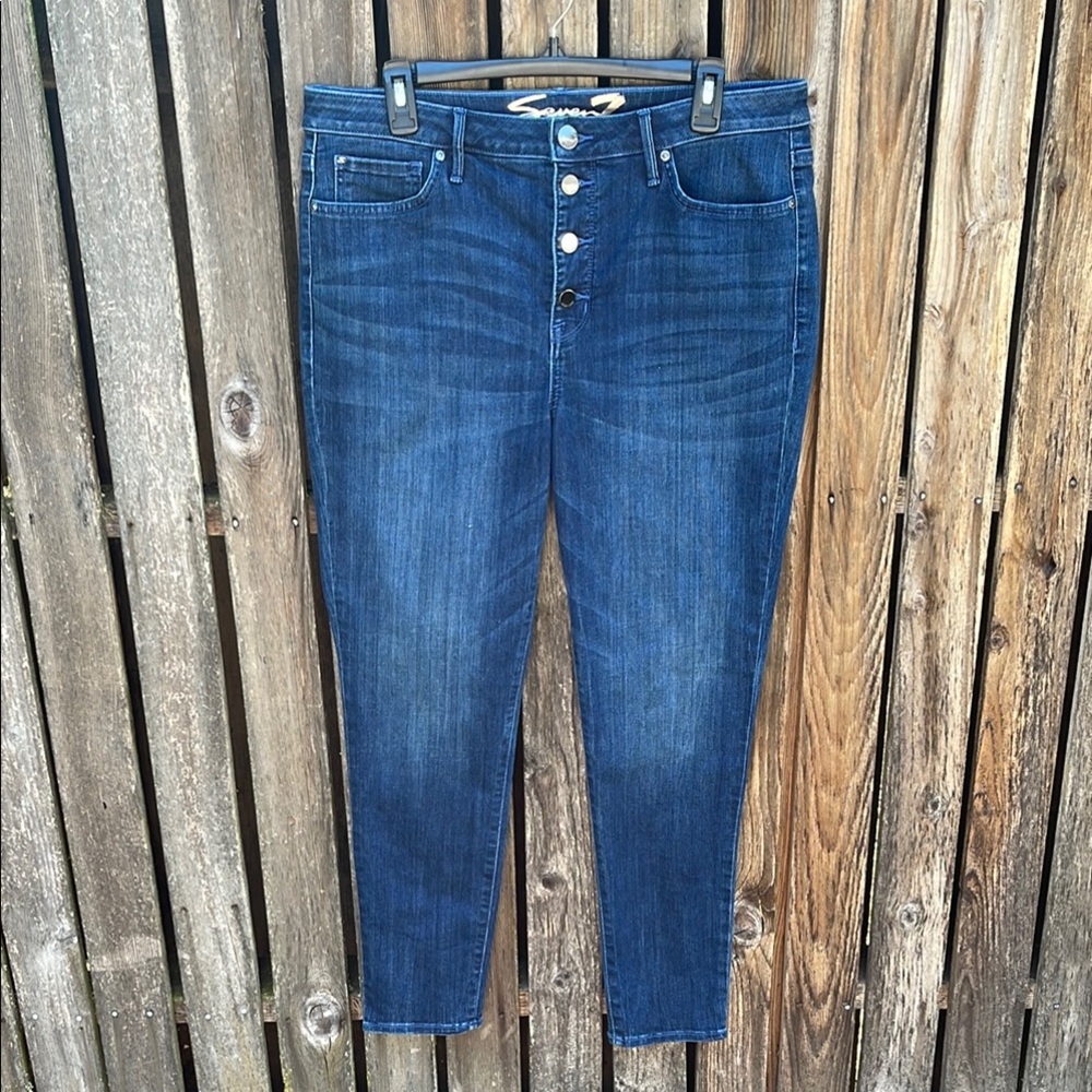 Seven7 High Rise Skinny Jeans 14 Exposed Button Fly Stretch Denim Dark Wash